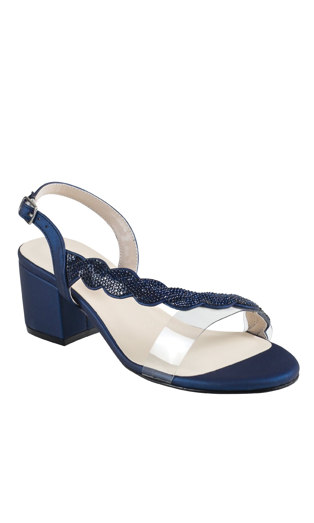 The Ruby Navy Blue Metallic Prom Shoes (Touch Ups 4592) feature low block heels, a wavy beaded rhinestone strap, a clear front strap, and an adjustable ankle buckle.